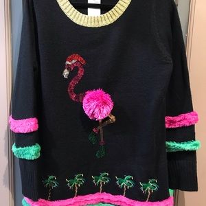 Ugly Christmas Flamingo (L) Sweater, Flamingo Leggings, Earrings & Santa Hat